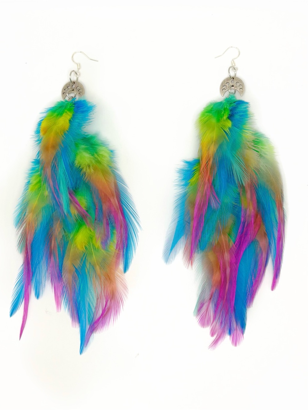 Colorful Feather Drop Earrings - Vibrant Multicolor, neon rainbow